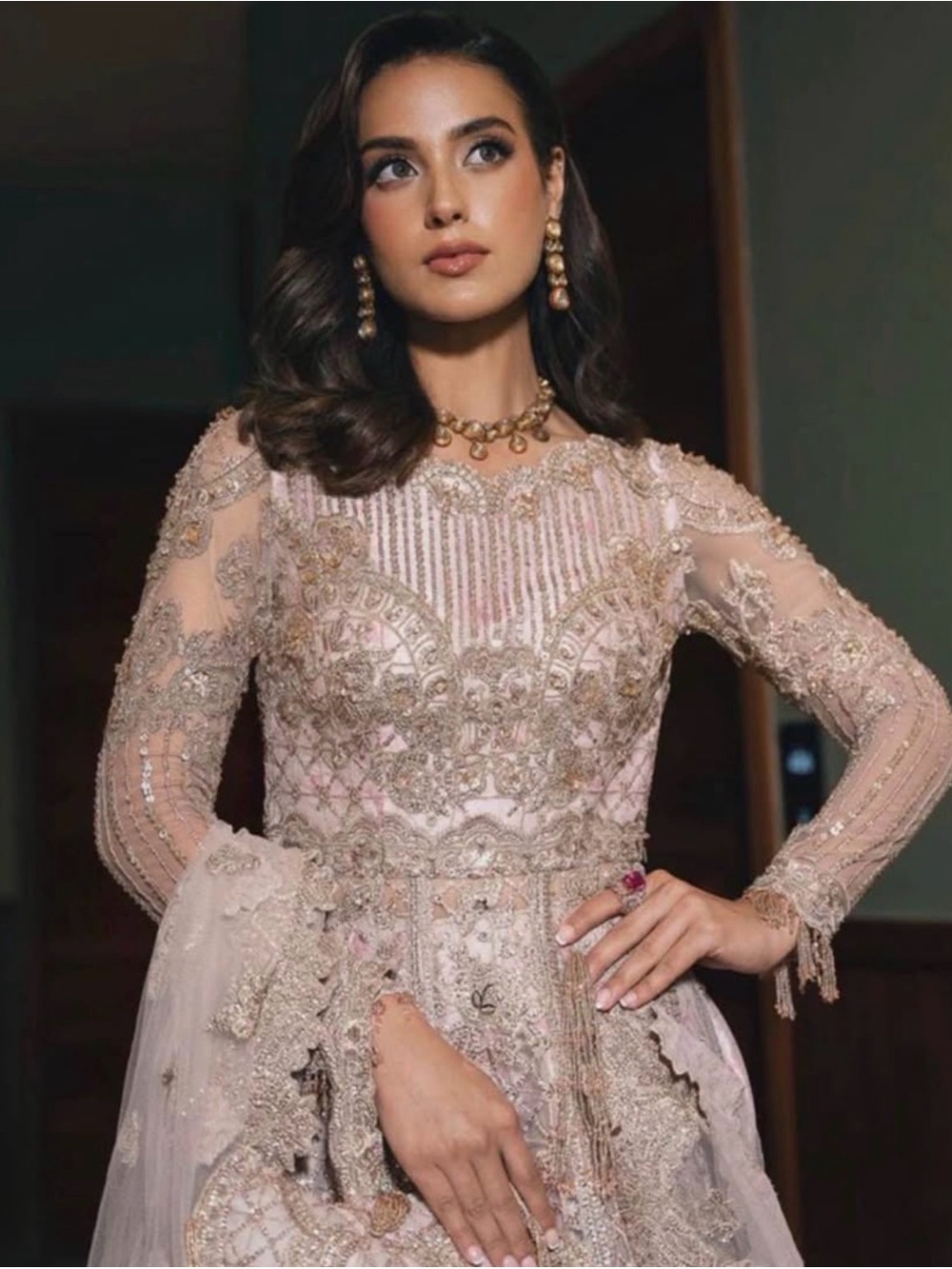 Embellished Blush Pink Long-Sleeve Women’s Dress